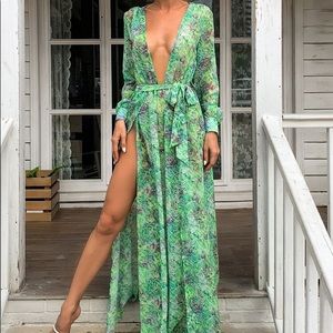 Long plunge green summer dress